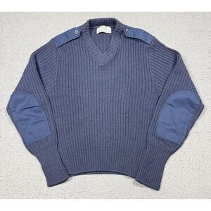 Vintage Iron Run Sweater Mens Large Blue Wool Commando V Neck Elbow Patches USAF